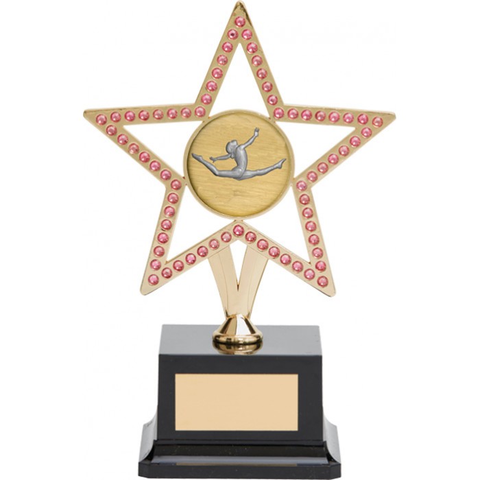 10'' GOLD METAL STAR GYMNASTICS TROPHY WITH PINK GEMSTONES - CHOICE OF CENTRE 